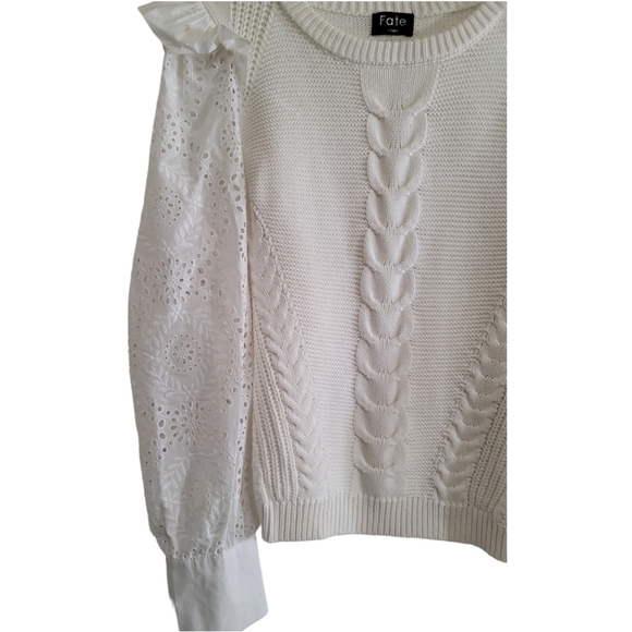 Fate Dnu Eyelet Sweater in White 100% Cotton Ruffled Shoulder Button Cuff - Picture 5 of 9
